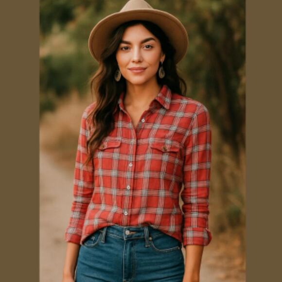 MADEWELL Red Plaid Cotton Button Down Shirt Top - Picture 1 of 8
